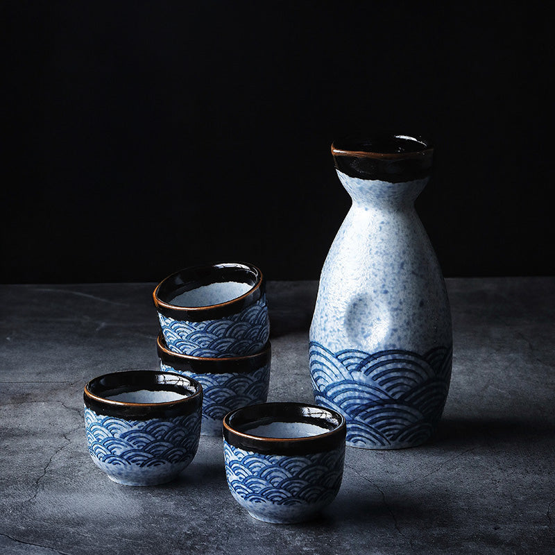 Nagisa – Japanese Sake Set with Seigaiha Wave Pattern, Traditional Ceramic Bottle & Cups