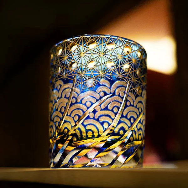 Minato – Traditional Edo Kiriko Whiskey Glass, Starburst Wave Pattern