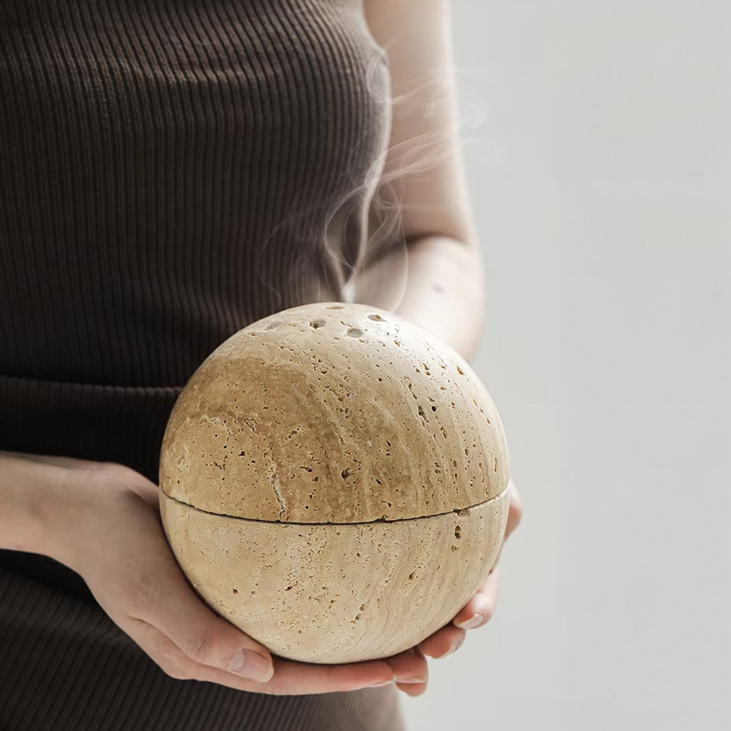 Maru – Japanese Style Travertine Incense Burner, Handcarved Aromatherapy Orb
