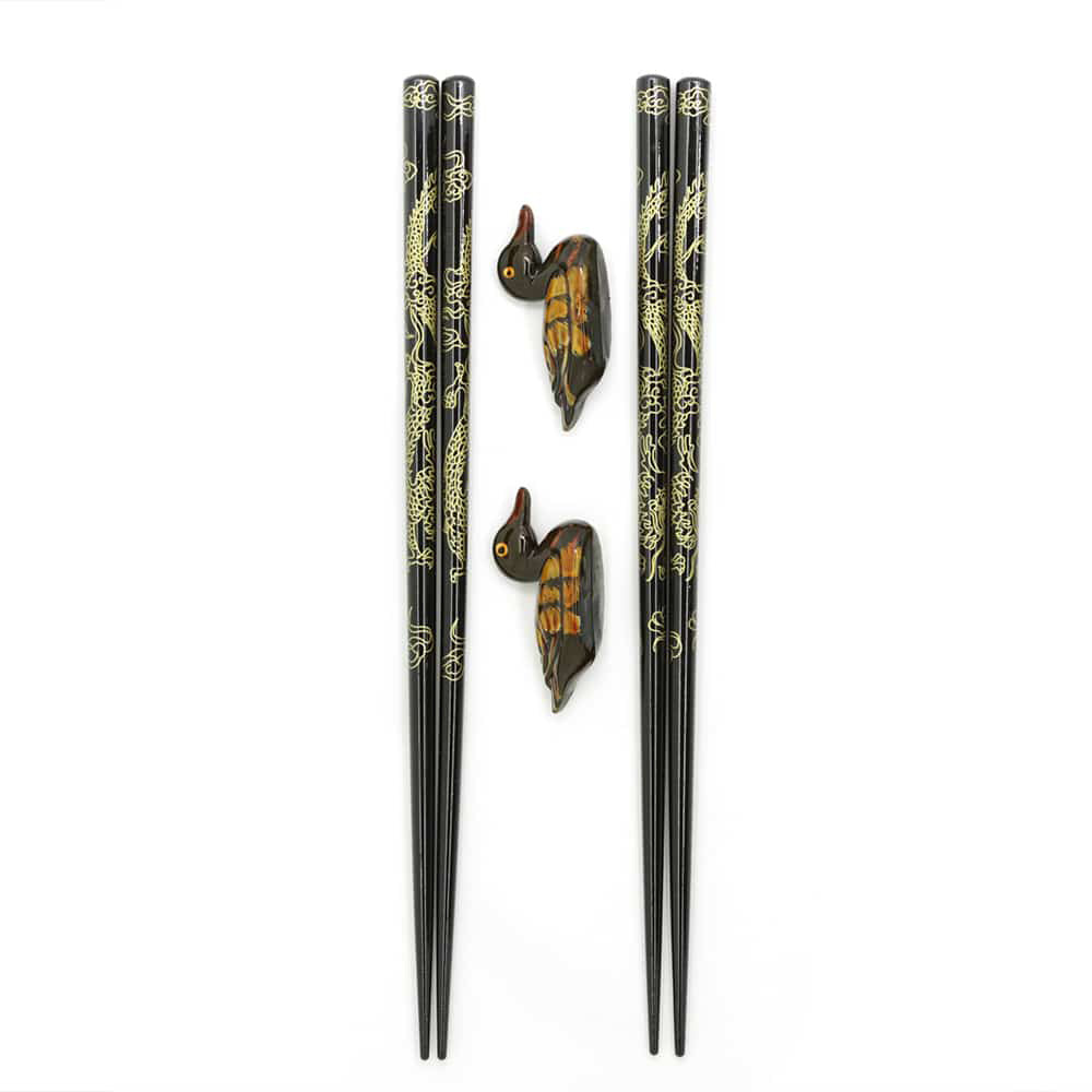 Kinryu – Japanese Dragon Chopsticks Gift Set, Teak Wood with Duck Holders