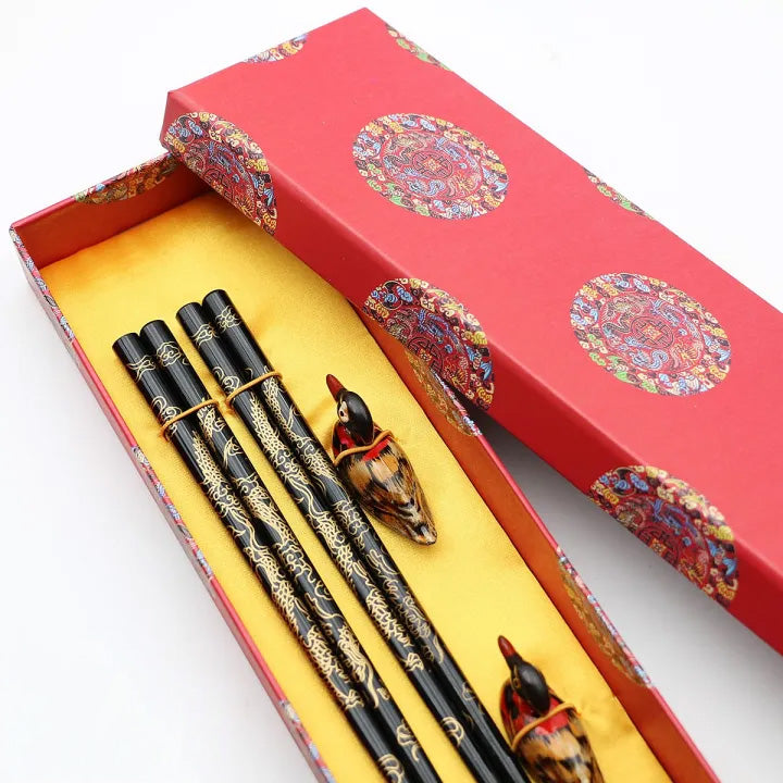 Kinryu – Japanese Dragon Chopsticks Gift Set, Teak Wood with Duck Holders