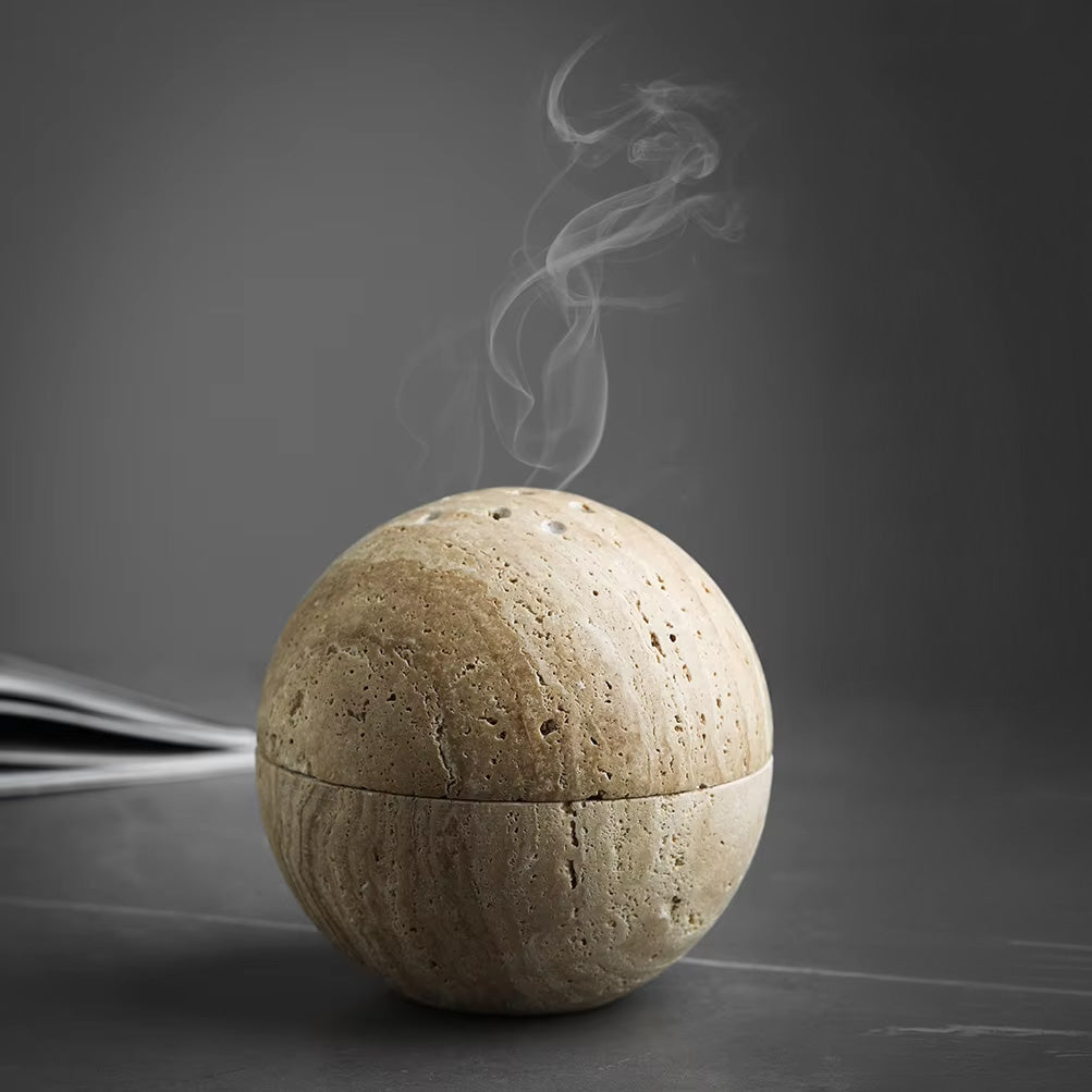 Maru – Japanese Style Travertine Incense Burner, Handcarved Aromatherapy Orb