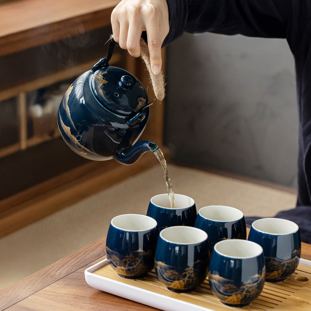 Sansui – Japanese Teapot, Blue Porcelain Gongfu Tea Set with Tray