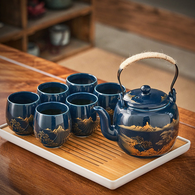 Sansui – Japanese Teapot, Blue Porcelain Gongfu Tea Set with Tray