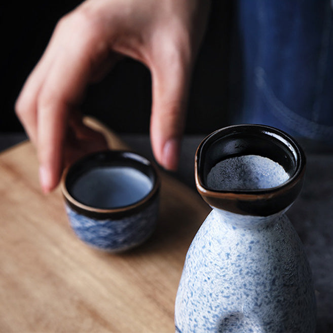 Nagisa – Japanese Sake Set with Seigaiha Wave Pattern, Traditional Ceramic Bottle & Cups