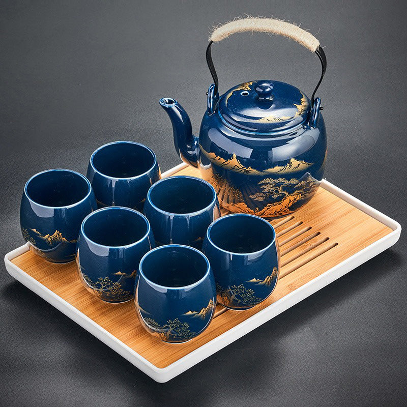 Sansui – Japanese Teapot, Blue Porcelain Gongfu Tea Set with Tray