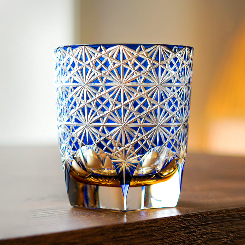 Ruri – Traditional Japanese Edo Kiriko Whiskey Glass, Hand-Cut Crystal Amber