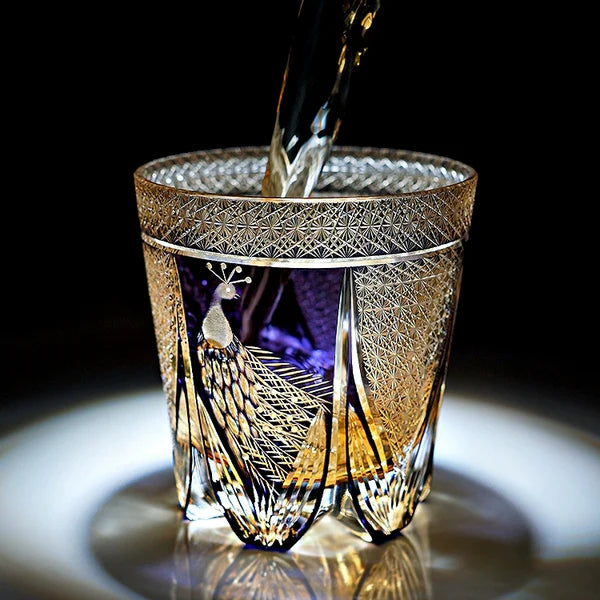 Kujaku – Edo Kiriko Whiskey Glass, Traditional Japanese Peacock Design
