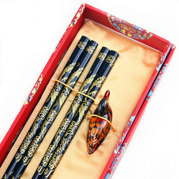 Kinryu – Japanese Dragon Chopsticks Gift Set, Teak Wood with Duck Holders
