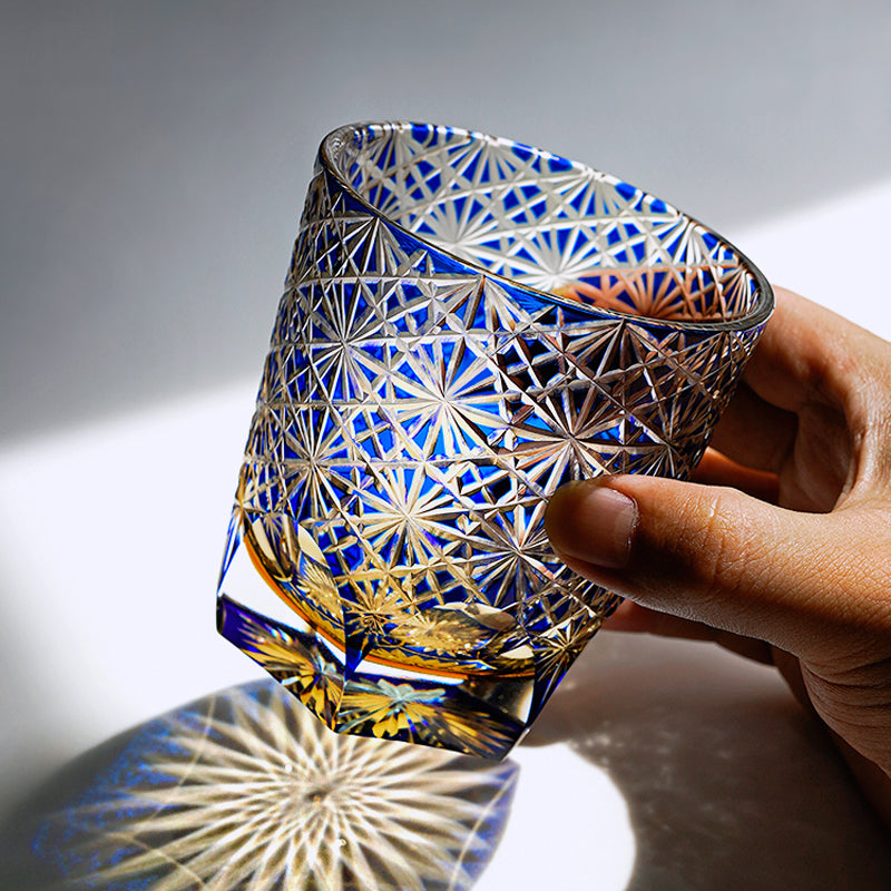 Ruri – Traditional Japanese Edo Kiriko Whiskey Glass, Hand-Cut Crystal Amber