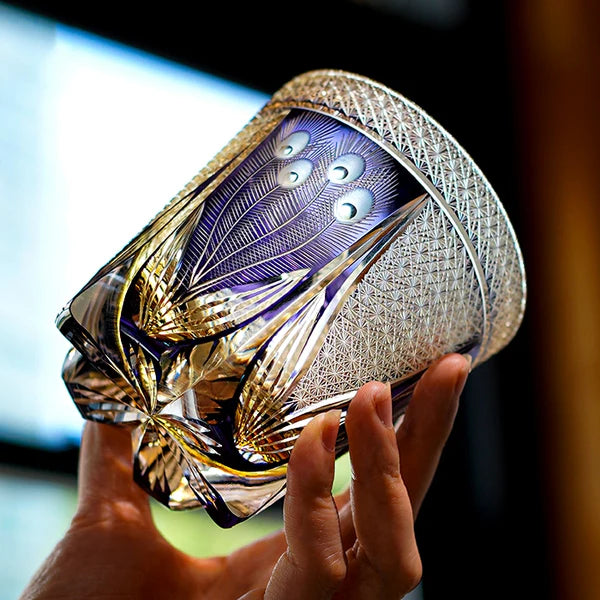 Kujaku – Edo Kiriko Whiskey Glass, Traditional Japanese Peacock Design