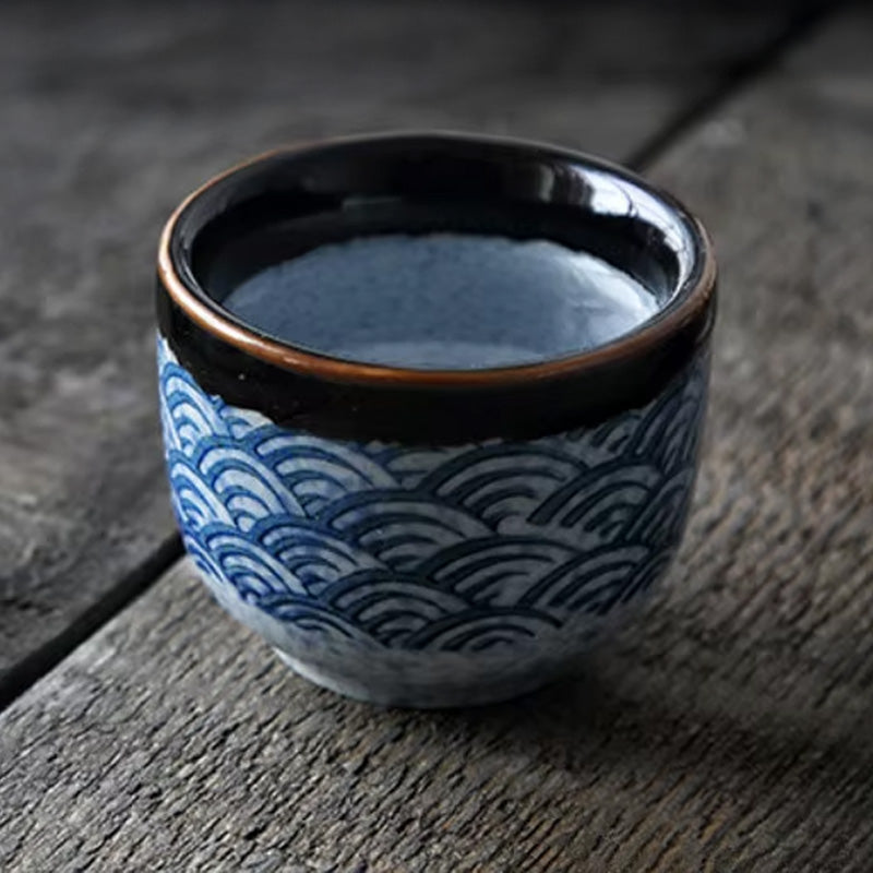 Nagisa – Japanese Sake Set with Seigaiha Wave Pattern, Traditional Ceramic Bottle & Cups