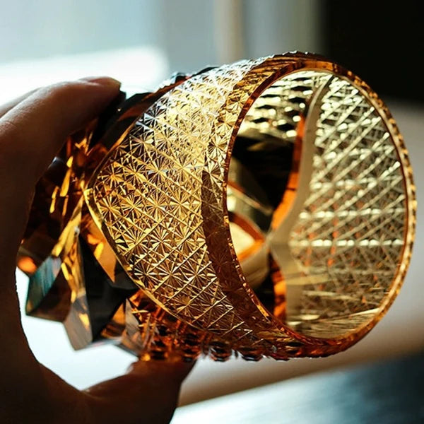 Takeshi – Japanese Warrior Armor Whiskey Glass, Hand-Cut Amber Edo Kiriko