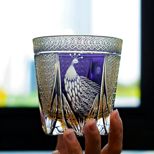 Kujaku – Edo Kiriko Whiskey Glass, Traditional Japanese Peacock Design
