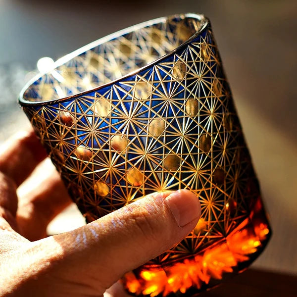 Hoshizora – Traditional Japanese Edo Kiriko Whiskey Glass, Blue Amber Crystal