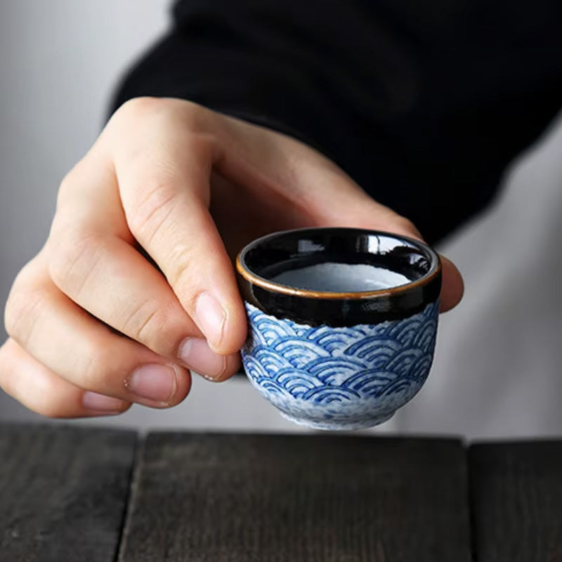 Nagisa – Japanese Sake Set with Seigaiha Wave Pattern, Traditional Ceramic Bottle & Cups