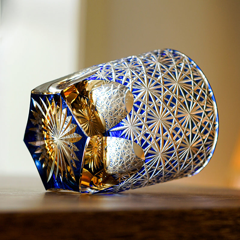 Ruri – Traditional Japanese Edo Kiriko Whiskey Glass, Hand-Cut Crystal Amber