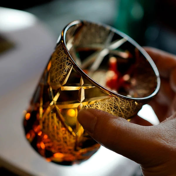 Tsuru – Edo Kiriko Crystal Whiskey Glass, Hand-Cut Lightning Crane Pattern