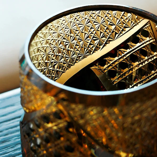 Takeshi – Japanese Warrior Armor Whiskey Glass, Hand-Cut Amber Edo Kiriko