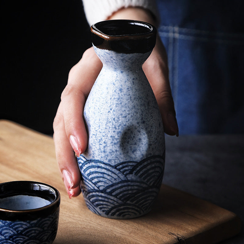 Nagisa – Japanese Sake Set with Seigaiha Wave Pattern, Traditional Ceramic Bottle & Cups