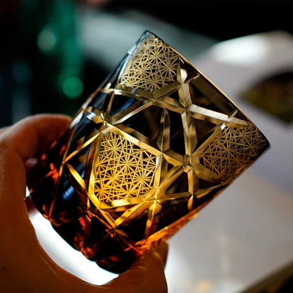 Tsuru – Edo Kiriko Crystal Whiskey Glass, Hand-Cut Lightning Crane Pattern