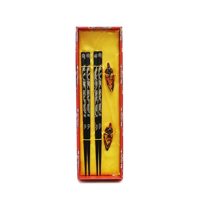 Kinryu – Japanese Dragon Chopsticks Gift Set, Teak Wood with Duck Holders