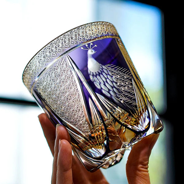 Kujaku – Edo Kiriko Whiskey Glass, Traditional Japanese Peacock Design