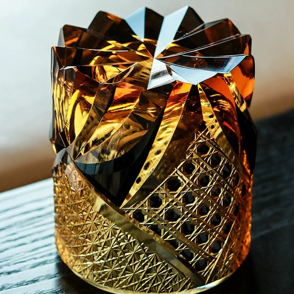 Takeshi – Japanese Warrior Armor Whiskey Glass, Hand-Cut Amber Edo Kiriko