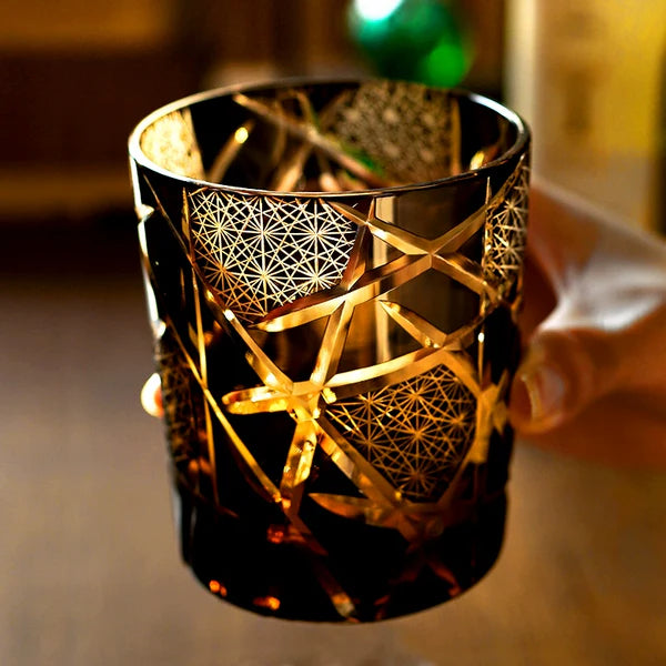 Tsuru – Edo Kiriko Crystal Whiskey Glass, Hand-Cut Lightning Crane Pattern