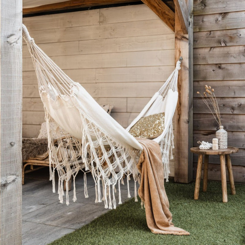 Kasumi – Japandi Style Cotton Hammock with Fringe, Boho Macrame Garden Swing