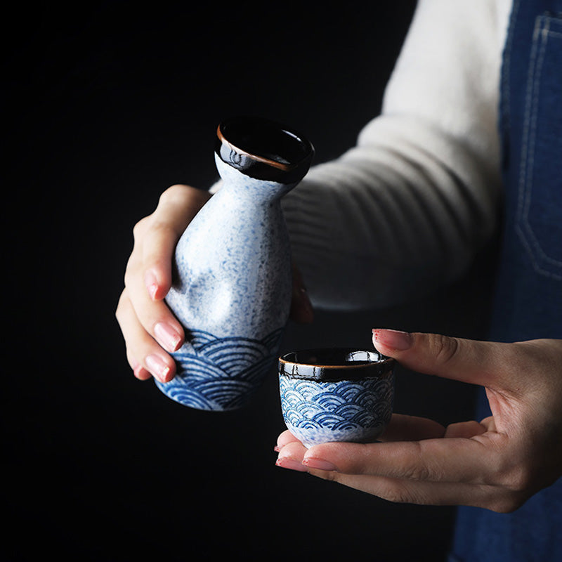Nagisa – Japanese Sake Set with Seigaiha Wave Pattern, Traditional Ceramic Bottle & Cups