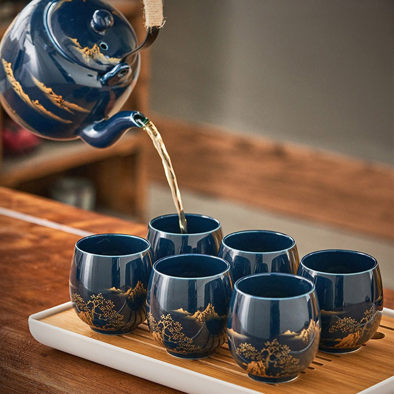 Sansui – Japanese Teapot, Blue Porcelain Gongfu Tea Set with Tray