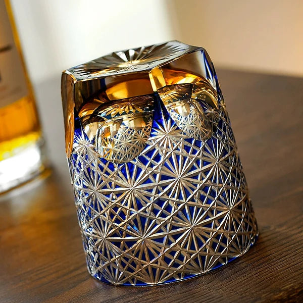 Ruri – Traditional Japanese Edo Kiriko Whiskey Glass, Hand-Cut Crystal Amber
