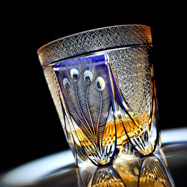 Kujaku – Edo Kiriko Whiskey Glass, Traditional Japanese Peacock Design