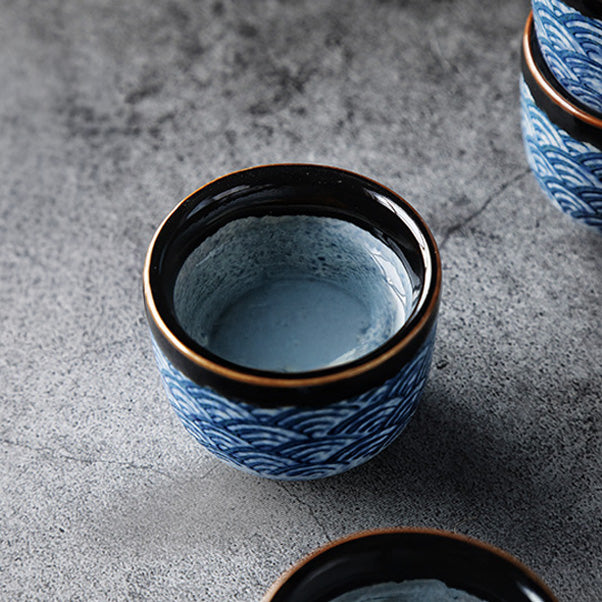 Nagisa – Japanese Sake Set with Seigaiha Wave Pattern, Traditional Ceramic Bottle & Cups