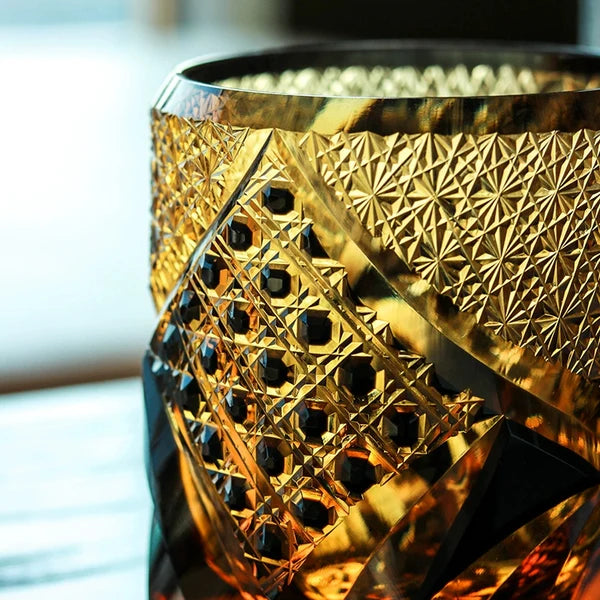 Takeshi – Japanese Warrior Armor Whiskey Glass, Hand-Cut Amber Edo Kiriko