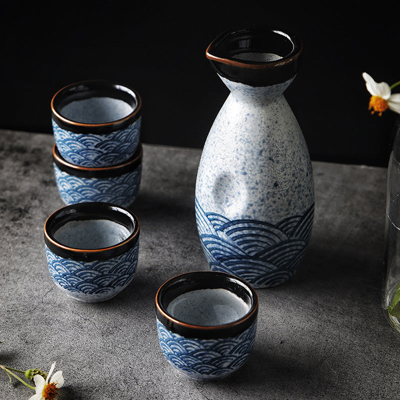 Nagisa – Japanese Sake Set with Seigaiha Wave Pattern, Traditional Ceramic Bottle & Cups