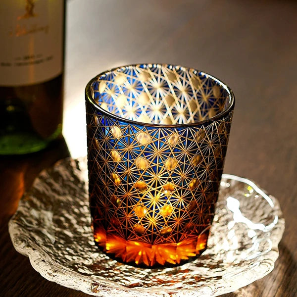 Hoshizora – Traditional Japanese Edo Kiriko Whiskey Glass, Blue Amber Crystal