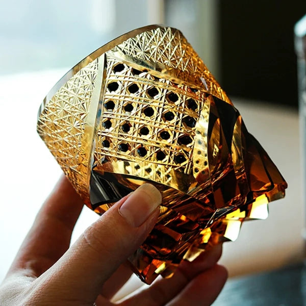 Takeshi – Japanese Warrior Armor Whiskey Glass, Hand-Cut Amber Edo Kiriko