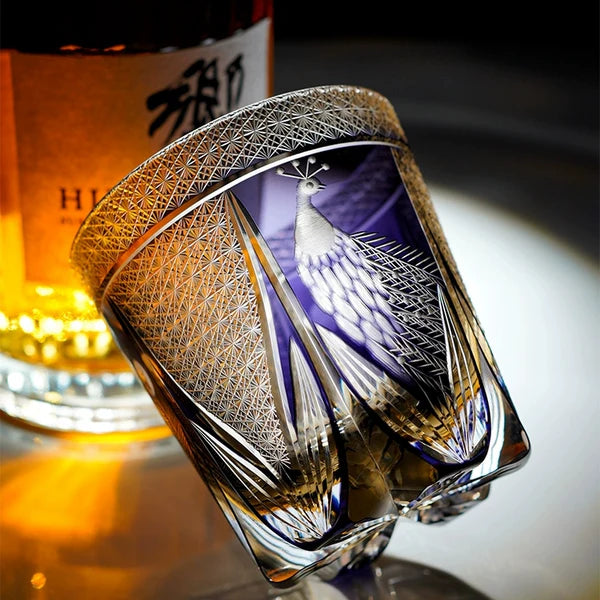 Kujaku – Edo Kiriko Whiskey Glass, Traditional Japanese Peacock Design