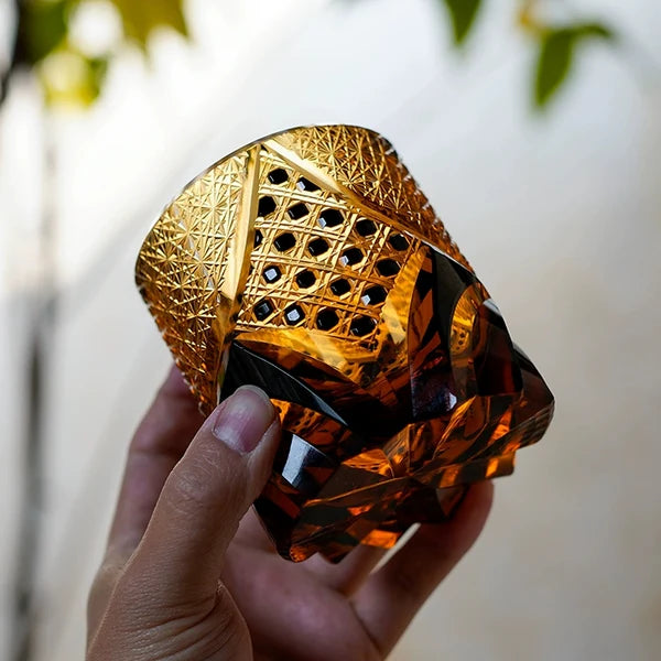 Takeshi – Japanese Warrior Armor Whiskey Glass, Hand-Cut Amber Edo Kiriko