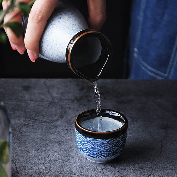 Nagisa – Japanese Sake Set with Seigaiha Wave Pattern, Traditional Ceramic Bottle & Cups