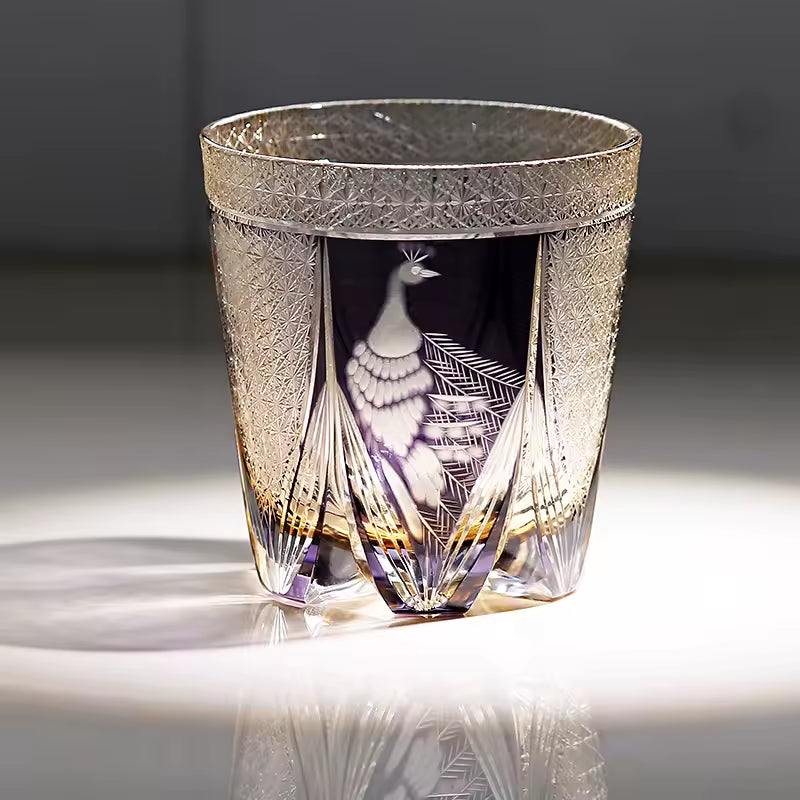 Kujaku – Edo Kiriko Whiskey Glass, Traditional Japanese Peacock Design