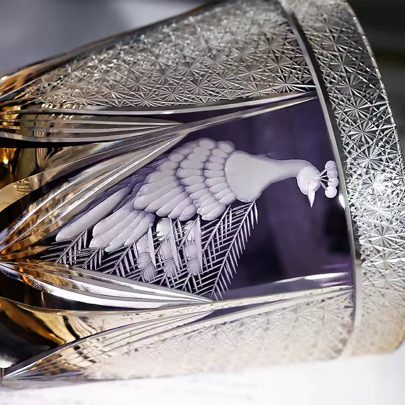 Kujaku – Edo Kiriko Whiskey Glass, Traditional Japanese Peacock Design